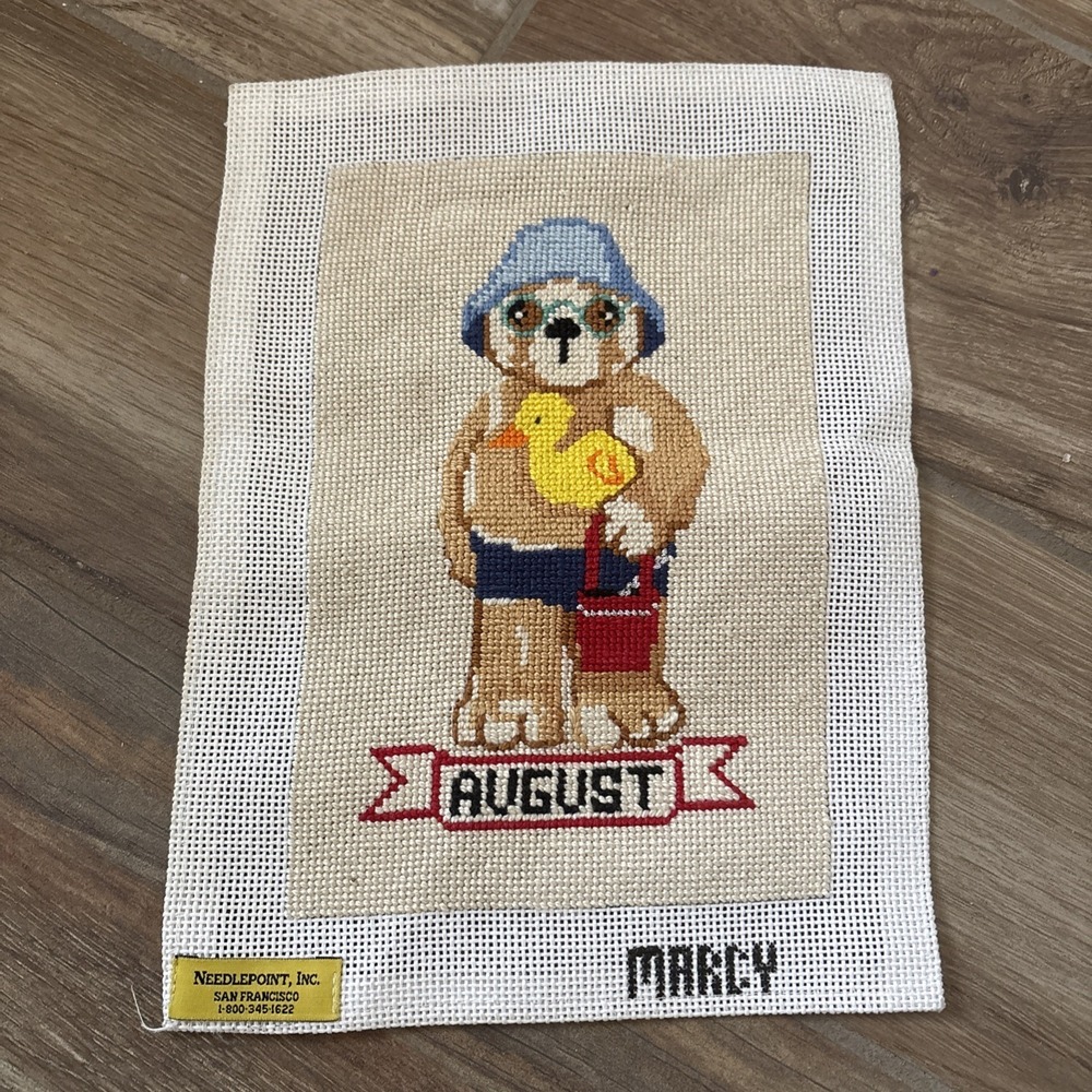 Vintage August Bear Needlework Cross Stitch Finished Original 10.75" x 8"